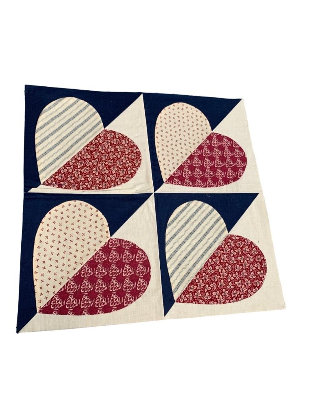 Handmade Quilt Top Block Heart Pattern Red White & Blue 16.25” x 16.25” Vintage